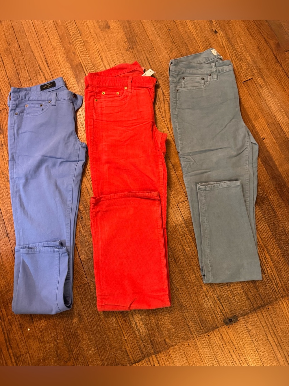 3 pairs of J. Crew 30 Tall pants - Red & Grey corduroy, Periwinkle jeans